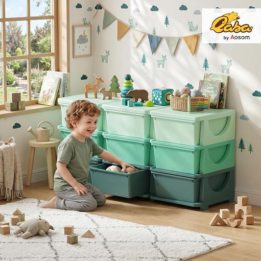 Qaba 9 Drawers Kids Storage Unit, 3 Tier Stackable Toy Organizers and Storage Chest for Bedroom, Nursery, Playroom, Living Room, Boys, Girls, Toddlers, Green