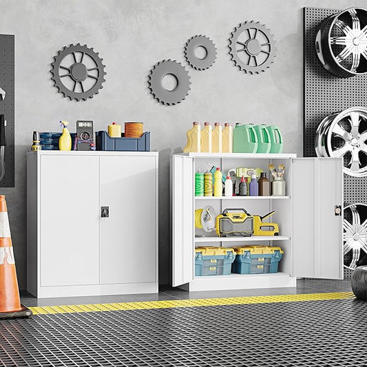 Metal Storage Cabinet,Garage Storage Cabinet with 2 Lockable Doors and 2 Adjustable Shelves, 36'' Steel Tool Cabinet for Garage, Office, Home, School(White)