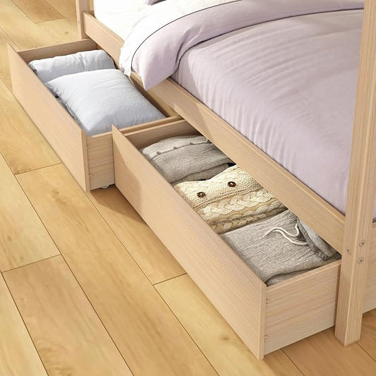 Grain & Grove Bear Twin Over Twin Bunk Bed with Storage Drawers, Sturdy Bunk Bed Frame for Kids, Plywood Bunk with Ladder, Guardrail, and Slats, No Box Spring Required, Oak Embossed Natural