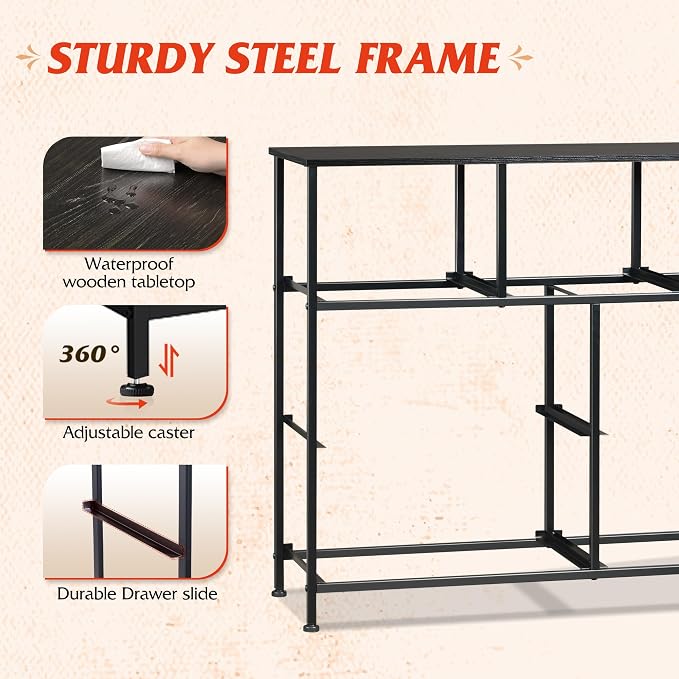 WLIVE 7 Drawer Dresser TV Stand, Entertainment Center, Media Console Table with Metal Frame and Wood Top for TV up to 45 inch, Chest of Drawers for Bedroom, Charcoal Black Wood Grain Print
