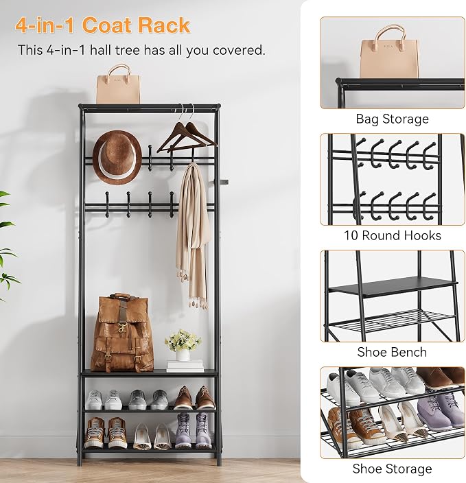 OUTLANE Entryway Hall Tree with 10 Hooks, Shoe Bench & Storage Shelf, Coat Rack Organizer with Wood Accents and Metal Frame for Entryway, Living Room, Bedroom, Black-Double row