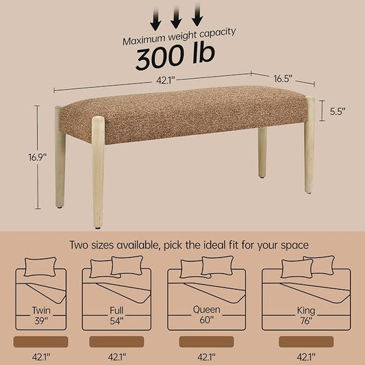 Usaint 42" End of Bed Bench, Modern Upholstered Bedroom Bench with Rubberwood Legs, Entryway Bench with Cushion, Dining Bench for Living Room, Bedroom, Orange with Oak Leg