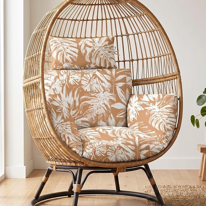 MAGIC ELEPHANT Egg Chair Cushion, Memory Foam Indoor Outdoor Hanging Egg Chair Cushion Replacement, Patio Basket Swing Cushion with Headrest (Rust Orange Monstera)