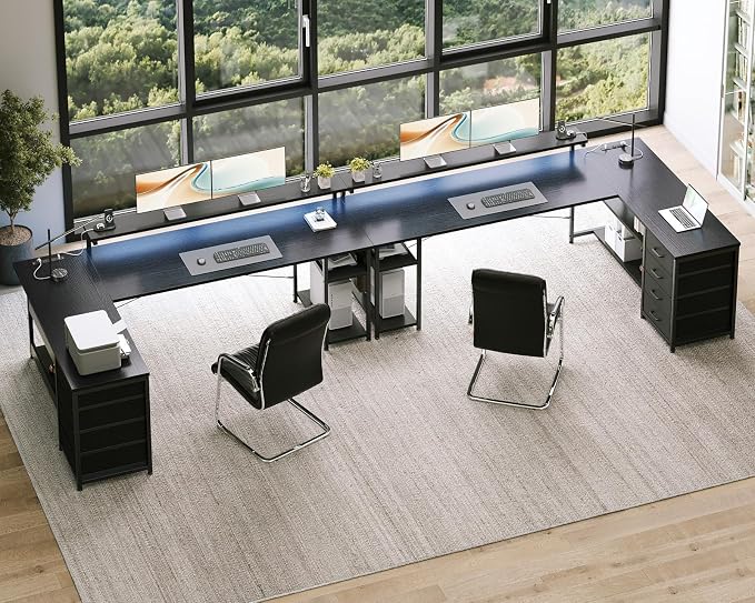 AODK 69" L Shaped Desk with Drawer, Computer Desk with Power Outlets & LED Lights, Reversible Corner Gaming Desks for Home Office Workstation, Office Table with Monitor Shelf, Black
