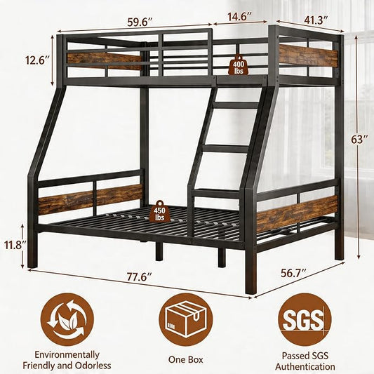 Einhomn Bunk Bed Twin Over Full, Heavy Duty Metal Bed with Ladder and Full-Length Guardrail, Large Under-Bed Storage Space, No Box Spring Needed, Noise Free, Rustic Brown