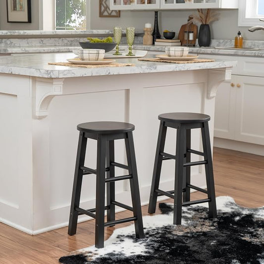 Linon Zeke Black Solid Wood Backless Round Counter Stool with 24 Inch Seat Height