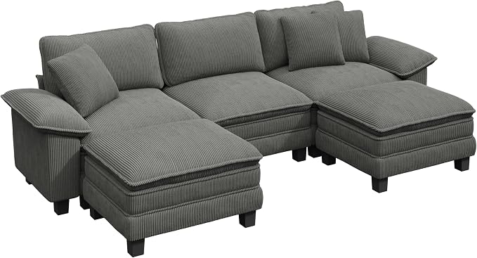 PHI VILLA Cloud Modular Couch Sets, 123.6" Oversized Sectional Sofa with U-Shaped Chaise, 5-Seater Couches with 2 Movable Ottomans for Living Room, Corduroy Grey