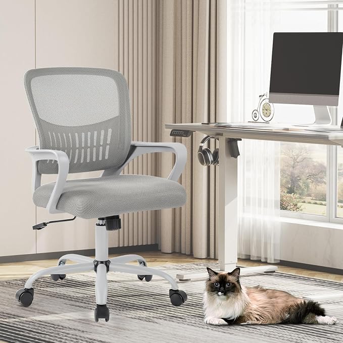 Sweetcrispy Home Office Managerial Executive Chair, Ergonomic Mesh Adjustable Swivel Mid-Back Computer Desk Chair with Comfortable Lumbar Support, Comfy Arms for Bedroom,Study