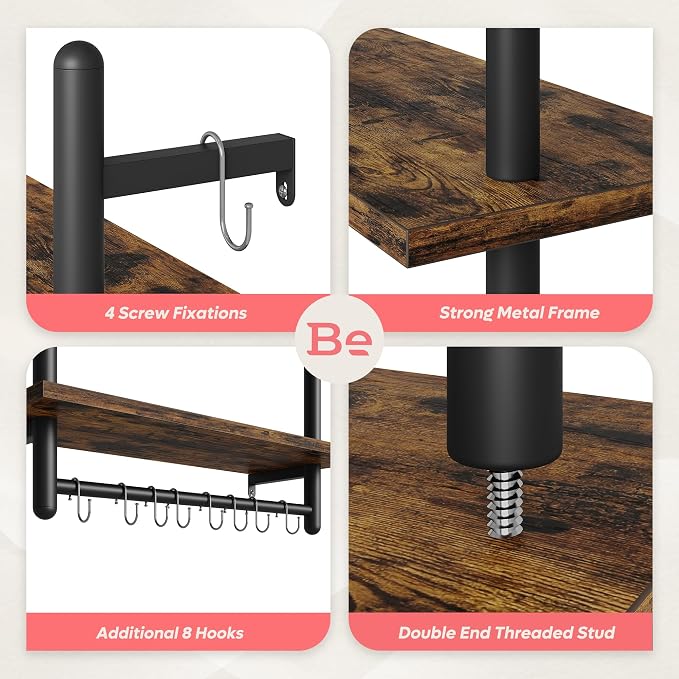 Bestier 24" Floating Kitchen Shelves Wall Mounted 2 Tier Coffee bar Shelves with 8 Hooks, Industrial Wall Shelf for Kitchen, Living Room Bedroom, Rustic Brown