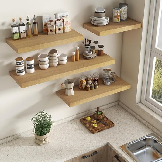 Vivelove 12 Inch Deep Floating Shelves 30 inch Long, 2 Inch Thick Wall Shelves with Invisible Brackets, Shelf for Bedroom Bathroom Living Room Kitchen Office Home Decor, Modern Shelf Set of 2, Oak