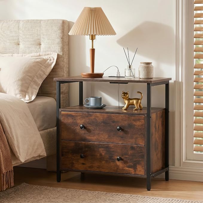 Edbuosy 27 inch Wide Night Stand with Charging Station, Bedside Table with Open Shelf, 2 Drawers Small Wood Dresser, Modern Wood Nightstand for Bedroom/Living Room, Retro Brown