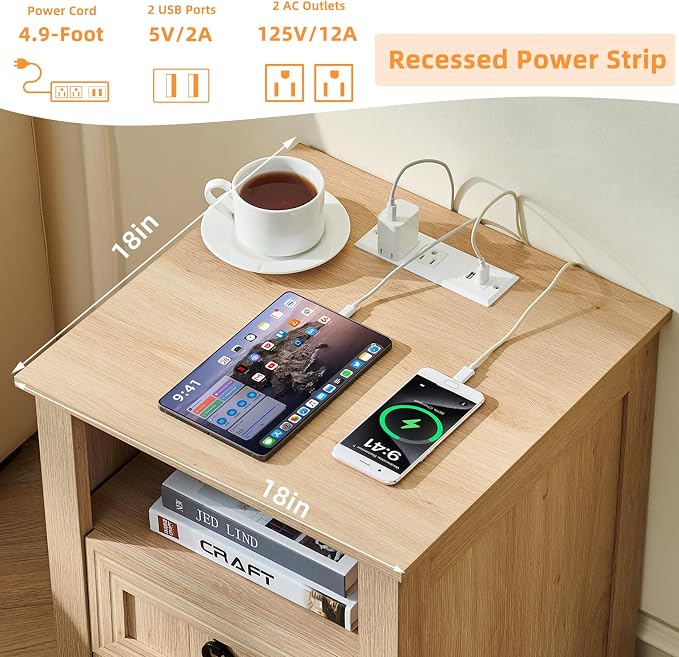 Joaxswe 18" Farmhouse Night Stand with Charging Station, 2 Drawers Bedside End Table, Natural Wooden Nightstand, Bed Side Table Cabinet with Open Shelf for Bedroom Living Room Office