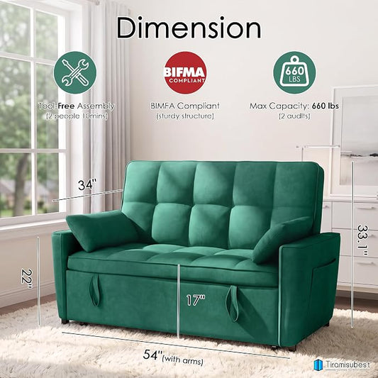 54'' Sleeper Sofa Bed, Convertible Pull Out Couch Futon for for Living Room,Apartment (Green, Loveseat) Side Pockets, Velvet Fabric, Adjustable Backrest, Pull-Out Bed, Easy Assembly