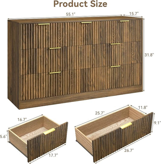 Walnut 7 Drawer Dresser for Bedroom, 55" Wide Fluted Chest of Drawers with Gold Metal Handles, Modern Wood Dresser Closet Storage Organizer Mid Century TV Stand for Living Room Hallway