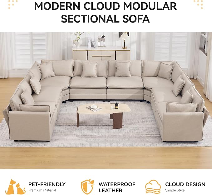 147'' Oversized U Shaped Cloud Sectional Sofa, Leather Deep Seat Couches for Living Room, Comfy Upholstered Modular Sectional Sofa Couch, Leather Beige