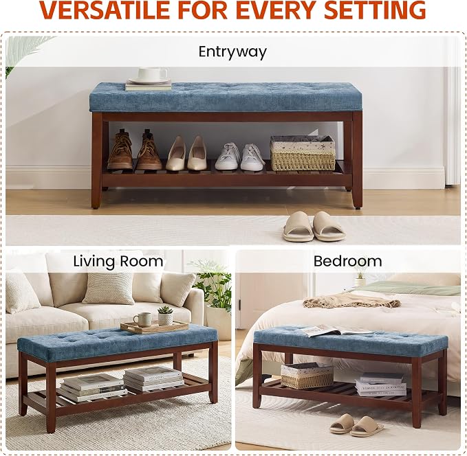 HUBSON 44" Entryway Shoe Bench, Upholstered End of Bed Bench with Solid Wood Shelf, Button Tufted Shoe Bench for Bedroom, Hallway, Living Room, Blue