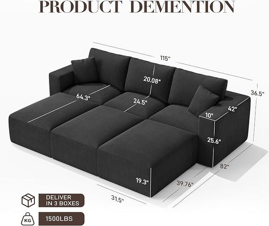 Modular Sectional Sofa Bed with Chaise, 115" Memory Foam Cloud Couch, Boneless Corduroy Upholstered Floor Couch, No Assembly Required Living Room Furniture for Apartment Home, Black