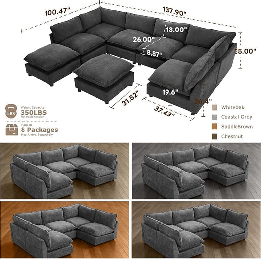 Iroomy Modular Sectional Sofa, Oversized Chenille Cloud Couch, Deep Comfy Seat, 8-Seater Sofas Couches for Living Room, Dark Grey, High Feet