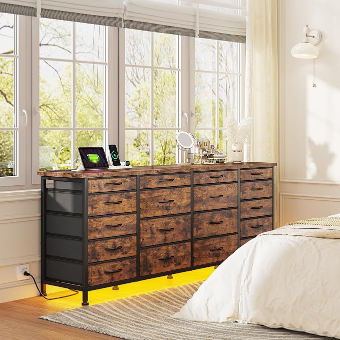 EnHomee 63" W TV Stand for 75" TV, 18 Drawers with LED & Charging, Brown | Long Dresser for 65"-75" TV, Deep Drawer, Spacious Storage, Drawers Glide, No Wobbling, Anti-tip, Easy Assembly, Wipes Clean