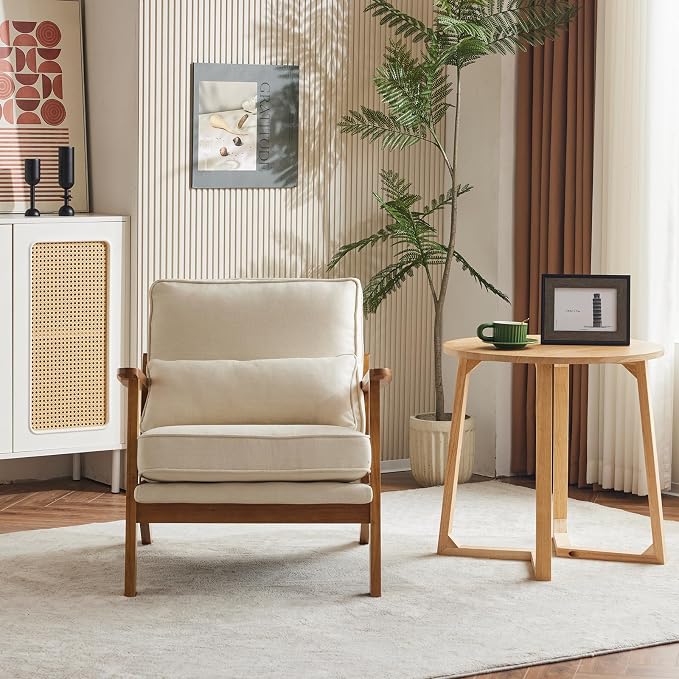 VINGLI Solid Wood Wide Armrests Accent Chair Set of 2,Upholstered Mid Century Modern Chair with Pillow,Farmhouse Arm Chair Comfy Reading Chair,Chairs Living Room,Bedroom,Guest Room,Linen Fabric,Beige