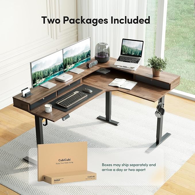 CubiCubi 63x48 Inches L Shaped Standing Desk with 3 Drawers and Monitor Shelf, Height Adjustable Corner Computer Desk with Hooks, Sit Stand Up Ergonomic Home Office Workstation Table, Deep Walnut
