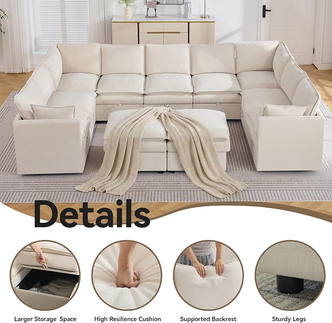 130" Beige Oversized Modular Storage Sofa, U Shaped Chenille Cloud Couch | Oversized Convertible Sectional Sofa, 9-Seat Sectional Couch With 2 Ottomans, Large Cloud Couch For Living Room, Apartment.