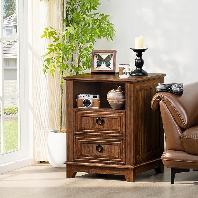 Joaxswe 18" Farmhouse Night Stands Set of 2 with Charging Station, 2 Drawers End Table Dresser for Bedroom, Brown Wooden Nightstand, Bed Side Table with Open Shelf, Bedside Cabinet for Living Room