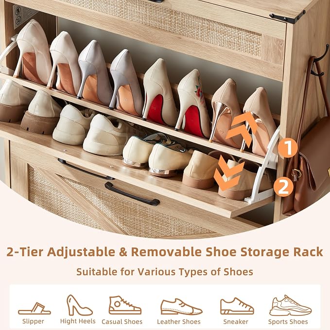 LEYAOYAO Shoe Cabinet Storage for Entryway with 2 Flip Drawers Rack Narrow Organizer Slim Hidden Wood Shoe Cabinet Furniture Natural Oak