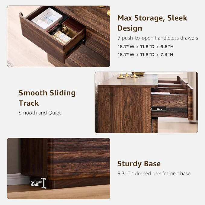 ACCOHOHO Modern 7 Drawer Dresser for Bedroom, 52" Wide Handleless Chest of Drawers, Large Push-to-Open Wood Storage, Dresser TV Stand for Bedroom, Living Room, Hallway, Curved Profile, Brown