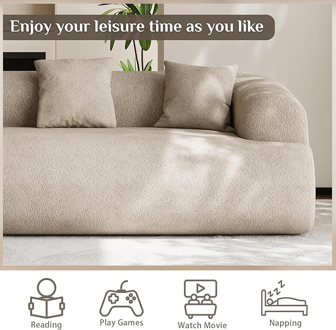 Oversized Sectional Sofa for Living Room, Modern Luxury Plush Chenille 3-Seater Extra Deep & Wide Seat Curved Cloud Couch with 3 Throw Pillows, No Assembly Needed, Light Brown(91 inch)