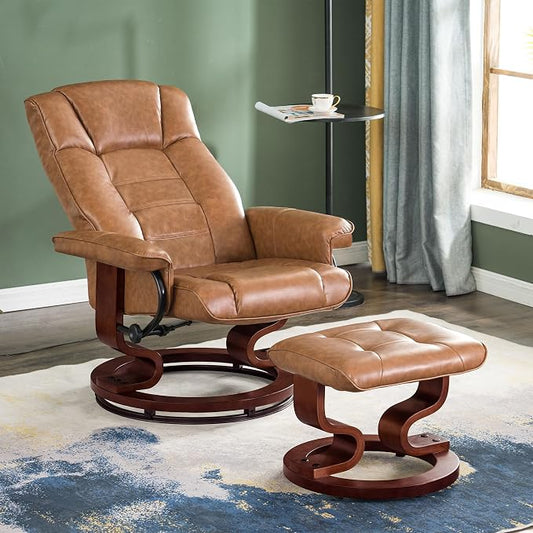 MCombo Manual Swivel Recliner with Ottoman, Chair Ottoman Set for RV Small Spaces, Living Room, Bedroom, Office 9019 4919 (Faux Leather, Saddle)