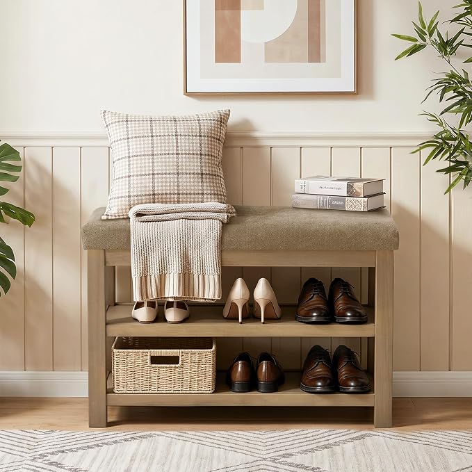 Zihanhome 2 Tier Shoe Rack Bench with Cushion, Solid Wood Shoe Benches, Mid-Century Modern Shoe Storage Bench for Entryway, Hallway, Living Room, Closet, Front Door Entrance, (Brown, 31.5")