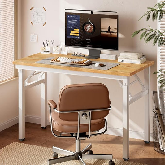 DlandHome Folding Desk for Small Spaces, 35.8IN Computer Desk Folding Table, Foldable Office Desk Computer Table Writing Workstation for Home Office, Study, Bedroom, No Assembly Required, Teak & White