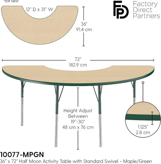 FDP Half Moon Activity School and Office Table (36 x 72 inch), Standard Legs with Swivel Glides for Collaborative Seating Environments, Adjustable Height 19-30 inches - Maple Top and Green Edge