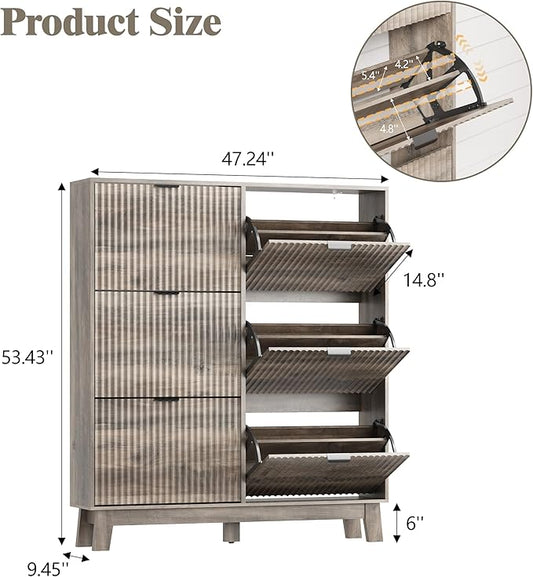 HUANLEGO Shoe Cabinet Storage for Entryway with 6 Flip Drawers, Fluted Narrow Shoe Organizer with Wooden Legs, Freestanding Slim Shoe Storage Hidden Shoe Rack Organizer for Front Door Entrance, Grey