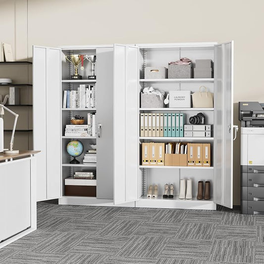 Crownland 72" Lockable Metal Storage Cabinet, Garage Storage Cabinets, High Office Cabinet with Adjustable Shelves for Garage, Home Office,Pantry, File(White)