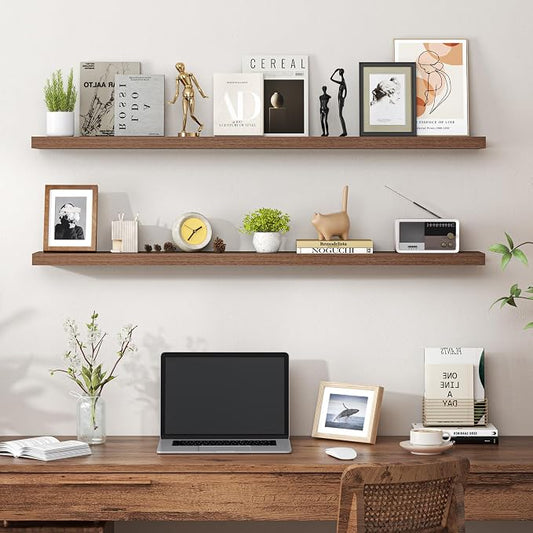 Heimlove 48 Inch Floating Shelves for Wall,Extra Long Wood Shelves Mounted Storage Hanging Shelf Invisible Bracket for Bedroom,Living Room,Kitchen,Office,Set of 2,Walnut Color