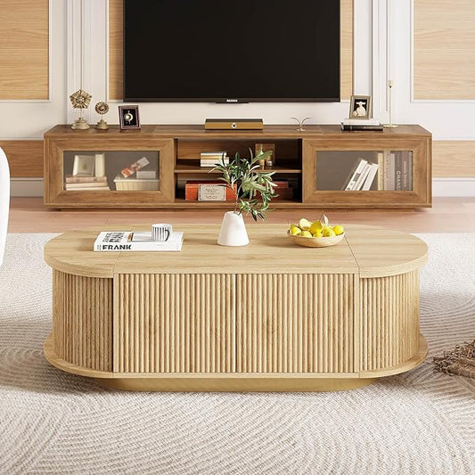HSH 47" Oval Coffee Table with Storage, Oak Coffee Table for Living Room | Modern Center Table with Press Type Door, Fluted Living Room Tables with 2 Flip-Top Hidden Lids, Wood Table