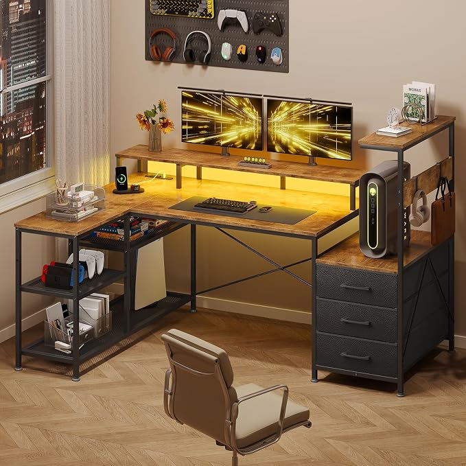 YOMILUVE L Shaped Gaming Desk with Drawers & Storage Shelves, Corner Gaming Desk with Power Outlets & LED Light, Reversible Computer Desk with Monitor Stand & Hooks, Rustic Brown