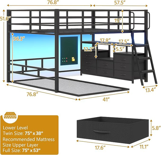 busyaeh Bunk Bed Full Over Twin,Low Bunk Bed with 8 Drawer & 4 shelve,Black | bunk bed with Desk, 15" H Safety Guardrail & LED Lights and Charging Station,L-Shaped Bunk Beds with Stairs,toddler bunk bed