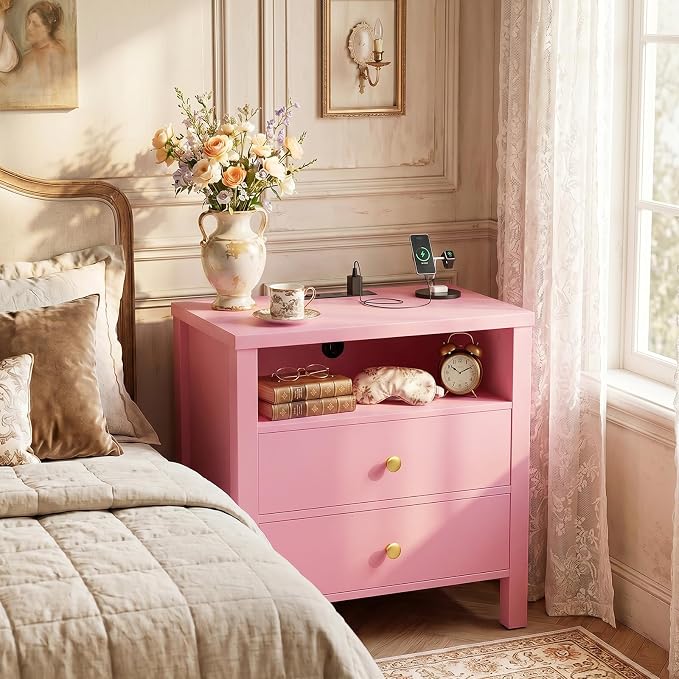 Aheaplus Nightstand with Charging Station, 23.6'' Large Bed Side Table with Wooden 2 Drawers, Night Stand for Bedroom, End Table with Open Storage Shelf for Living Room, Pink