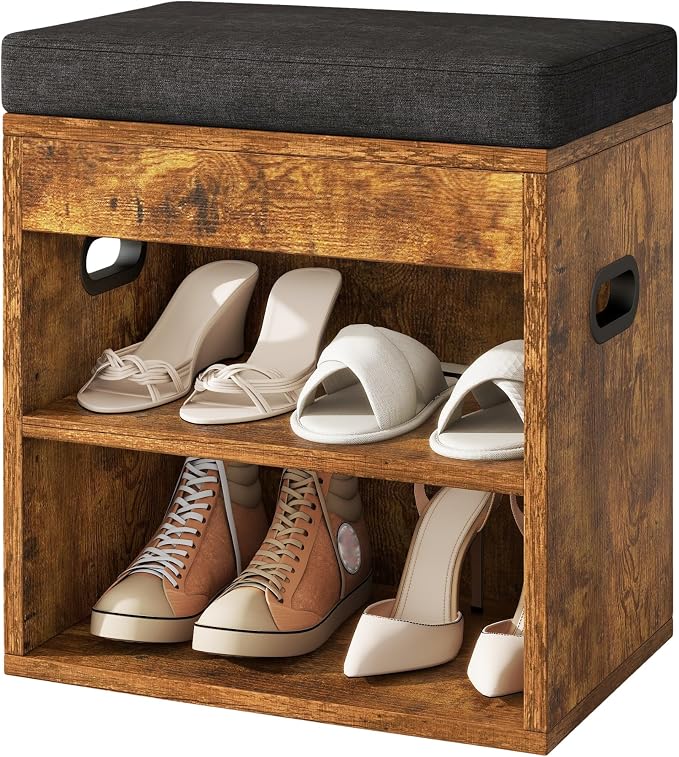 YMYNY Small Shoe Storage Bench with Cushion and Drawer, 2 Tier Adjustable Entryway Bench with Storage, Wooden Shoe Rack Bench for Entryway, Living Room, Hallway, Closet, Bedroom, Rustic Brown, HSC002H