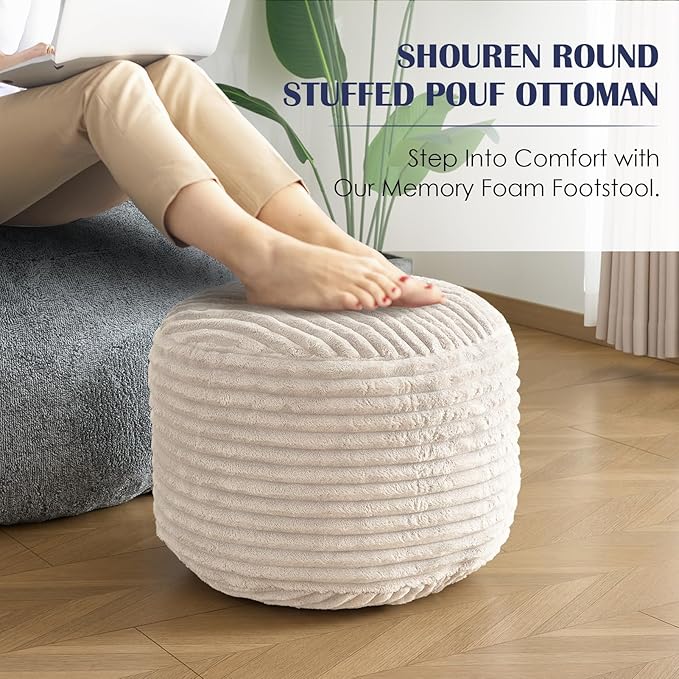 SHOUREN Stuffed Round Ottoman,Corduroy Pouf Ottoman Foot Rest with Foam Filling,Pouf Storage Ottoman Footstool for Living Room,20 X 15 Floor Poufs for Couch,Footrest Only - 20 X 15 Inches,Beige