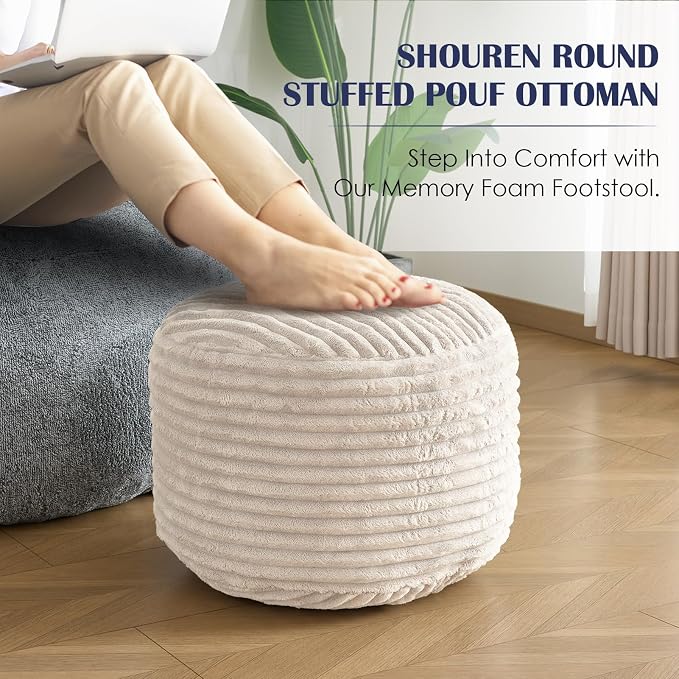 SHOUREN Stuffed Round Ottoman,Corduroy Pouf Ottoman Foot Rest with Foam Filling,Pouf Storage Ottoman Footstool for Living Room,18 X 14 Floor Poufs for Couch,Footrest Only - 18 X 14 Inches,Beige