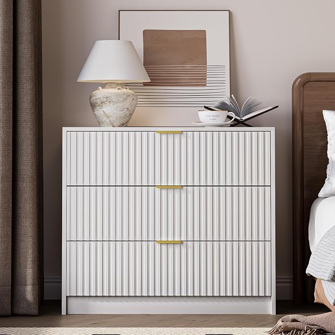 MAISONARIA 3-Piece Dresser Bedroom Set, 9 Drawer Dresser & 3 Drawer Nightstands with Gold Handles, Fluted Wood Chest of Drawers for Bedroom, Living Room, Entryway, White