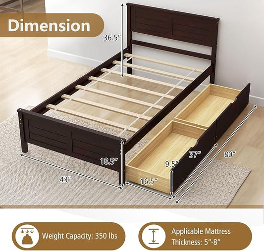 KOMFOTT Twin Size Wood Bed Frame with 2 Storage Drawers, Mid Century Platform Bed Frame with Headboard, Sturdy Wooden Slats Support, Modern Mattress Foundation, No Box Spring Required, Easy Assembly