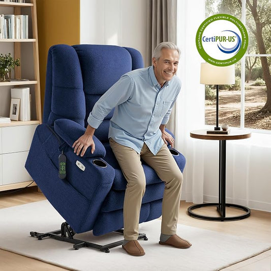 MCombo Big Man Power Lay Flat Lift Chair, Triple Motor Power Lift Recliner with Massage & Dual Heating, Adjustable Headrest, Fabric R7524 (Navy Blue, Medium-Wide)