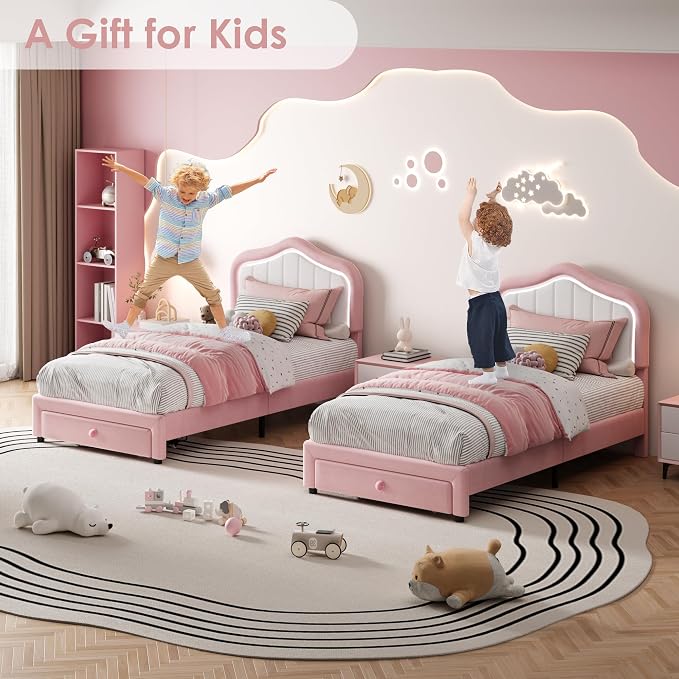 Twin Upholstered Bed Frame With Storage Drawer and Smart Led Headboard, Princess Twin Size Platform Bed Frames for Kids/Girls, Wooden Slats Support, No Box Spring Needed, Easy Assembly, Pink