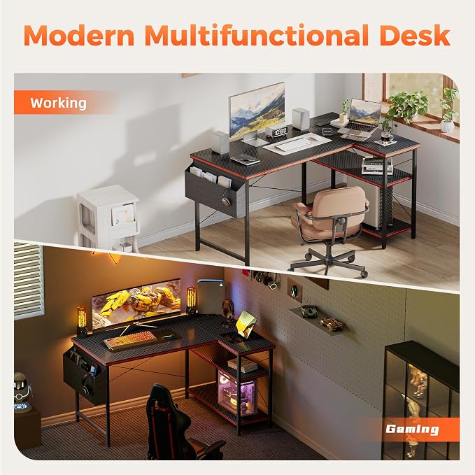 Mericonia Small L Shaped Computer Desk with Power Outlets, Reversible Gaming Desk with Storage Shelves, Corner Gamer Desk Table, Study Writing Table