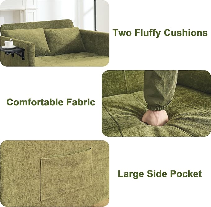45" Oversize 3-in-1 Sleeper Chair Pull Out Bed, 75" Long Single Sleeper Sofa Bed with Wing Table and Side Pocket for Living Room, Bedroom, Small Space, Green